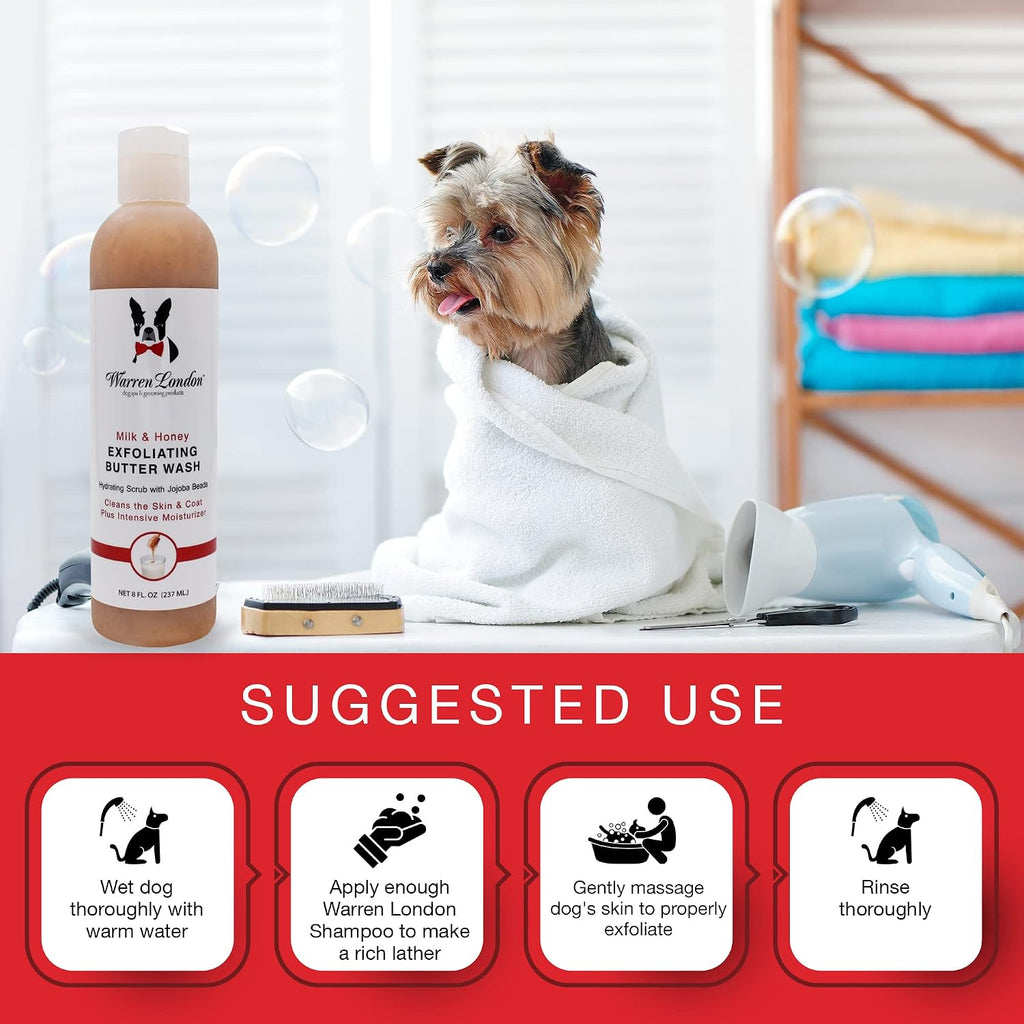 Close up of Warren London dog grooming product labels