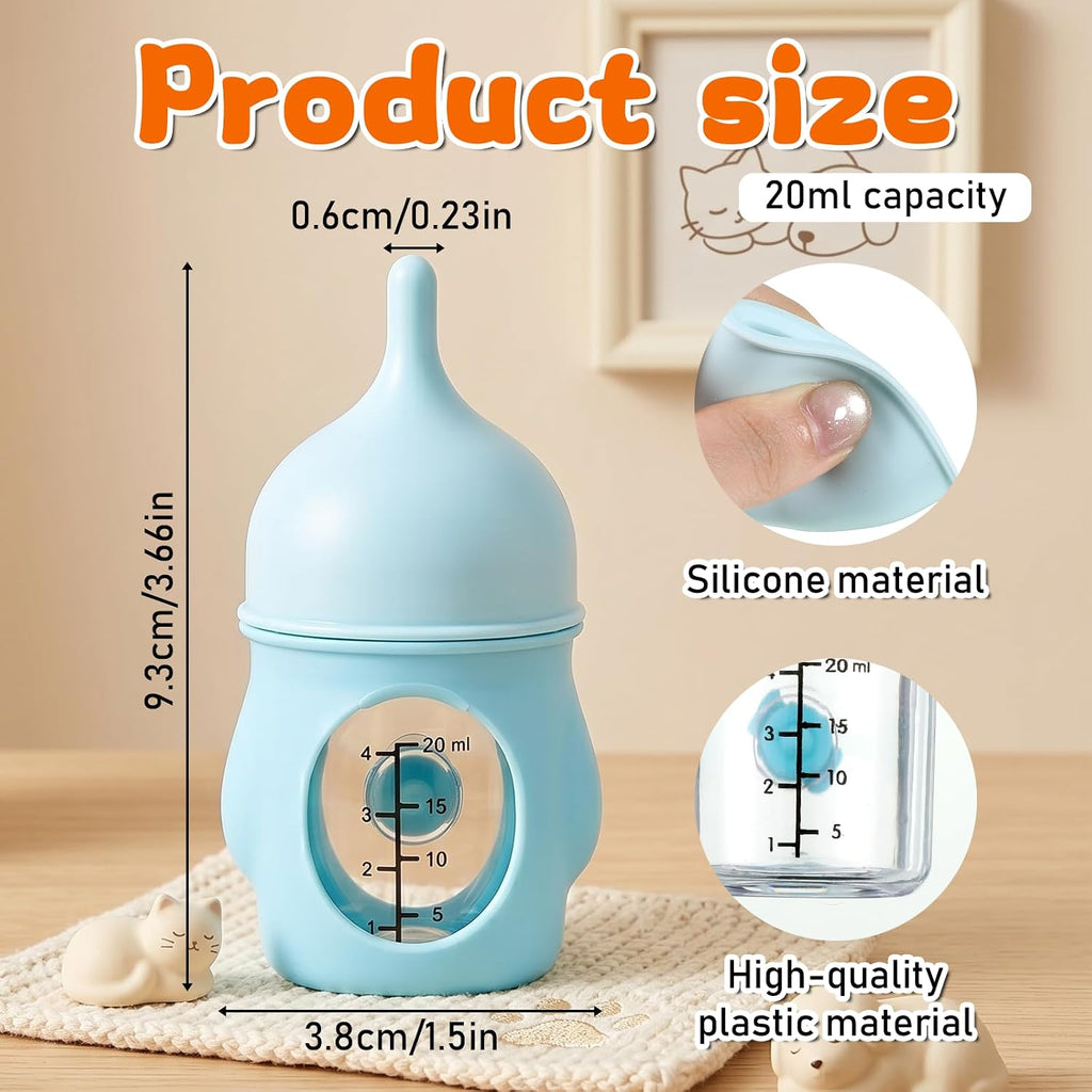 Close-up of the anti-choke silicone nipple on the blue pet feeding bottle.