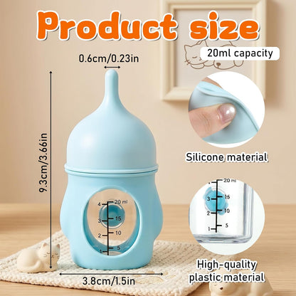 Close-up of the anti-choke silicone nipple on the blue pet feeding bottle.