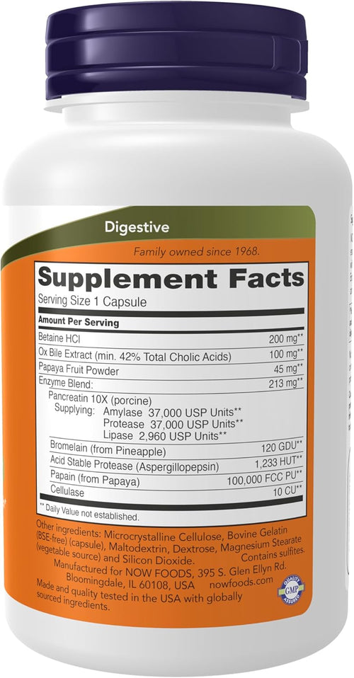 NOW Foods digestive enzymes supplement container showing detailed supplement facts panel