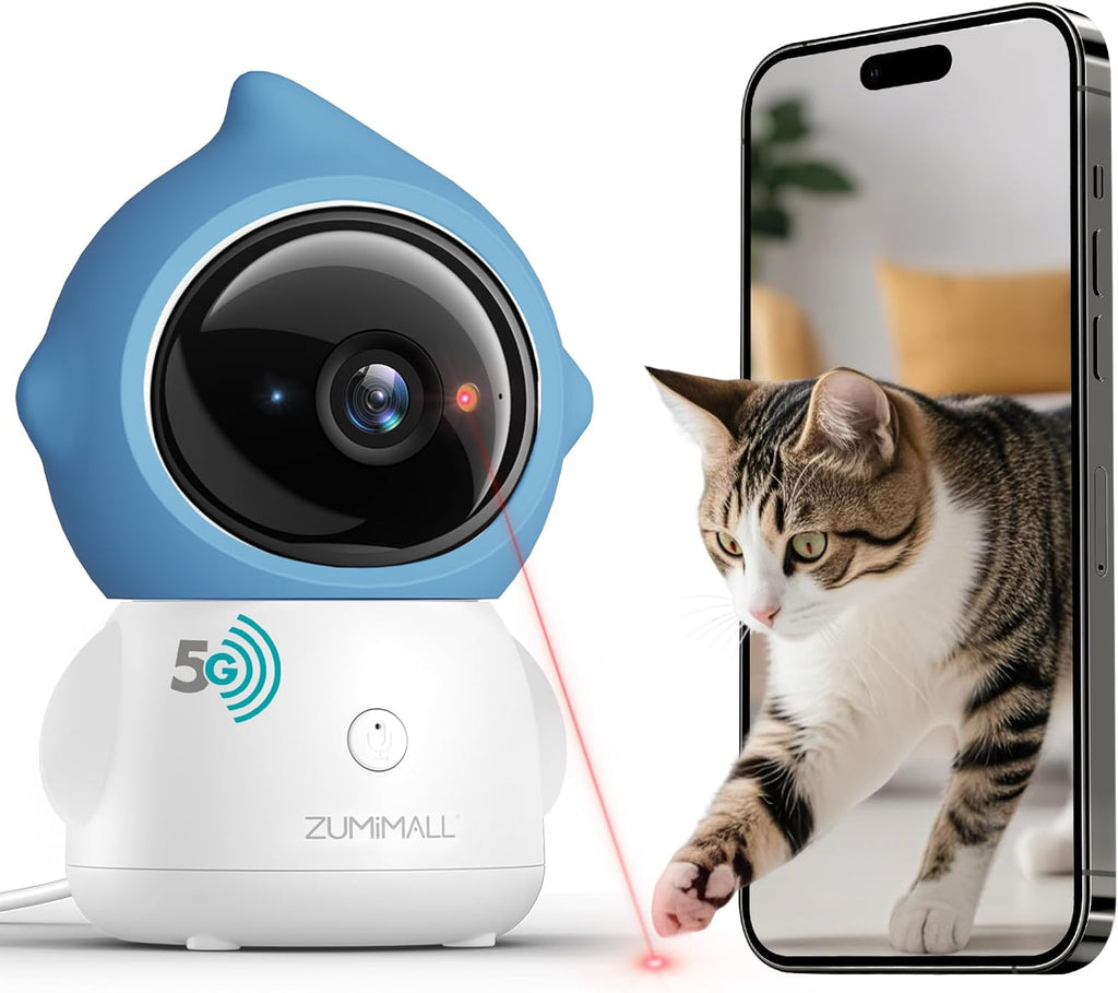 ZUMIMALL pet camera front view featuring the lens and interactive laser module