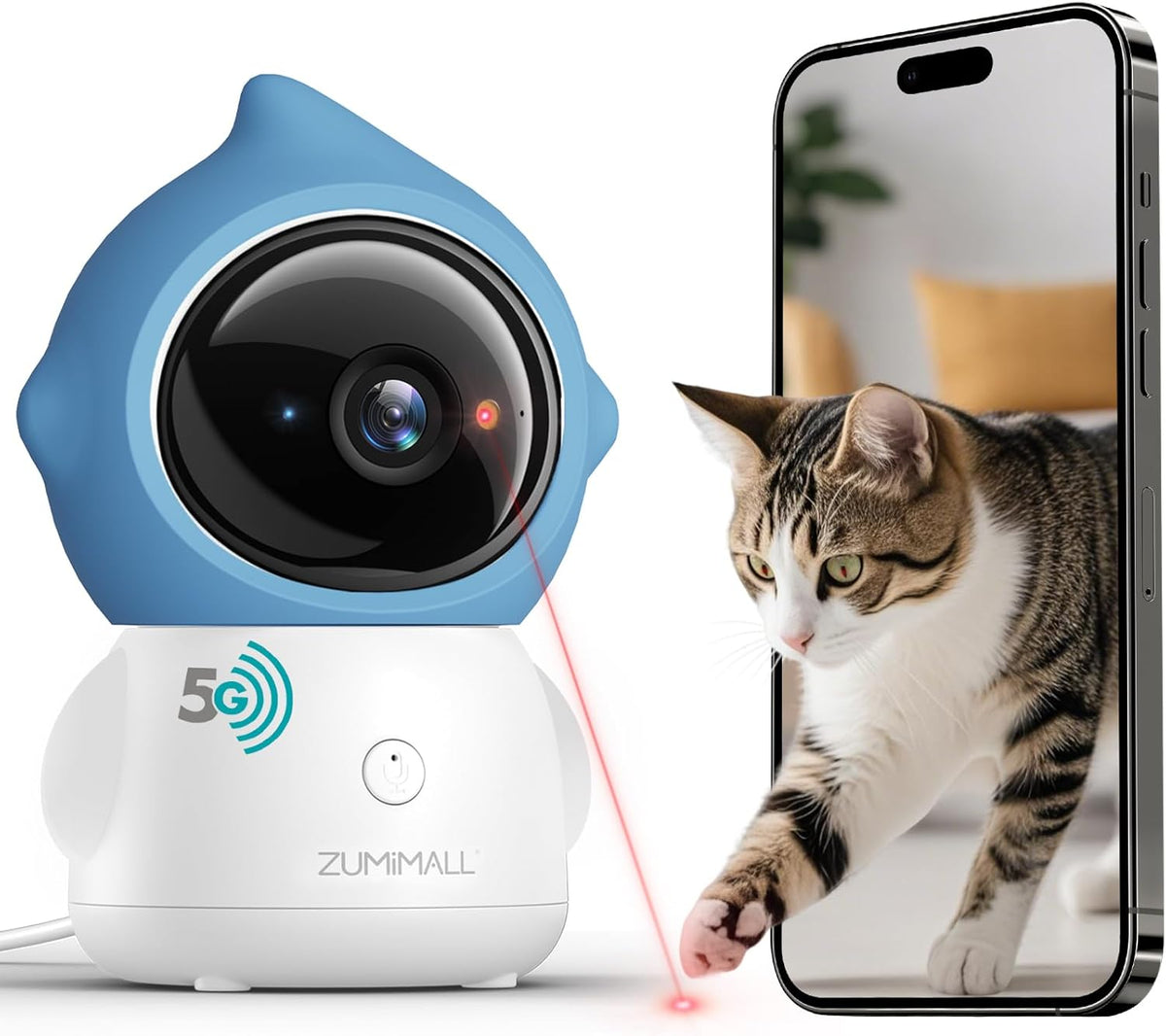 ZUMIMALL pet camera front view featuring the lens and interactive laser module