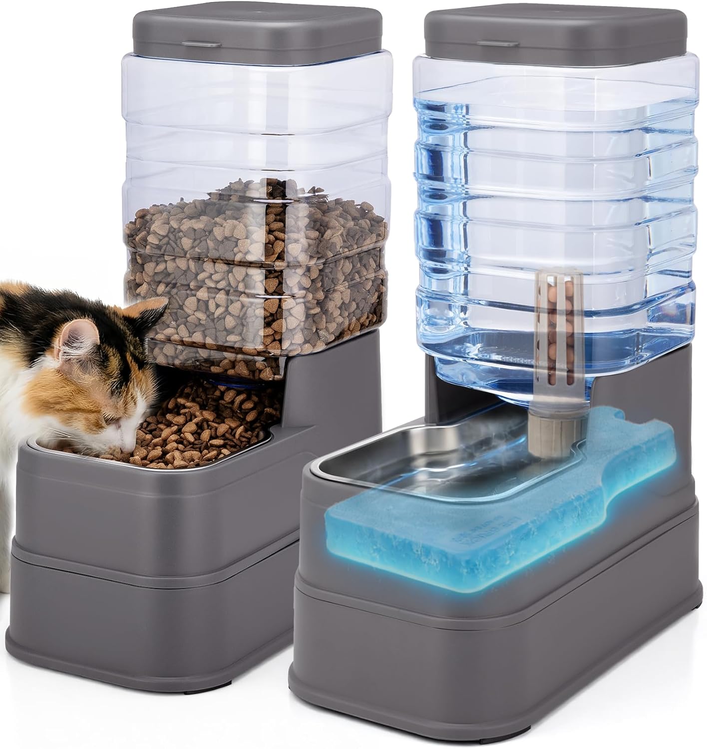 Pawzone automatic cat feeder and water dispenser set front view showing grey finish and stainless steel bowls.
