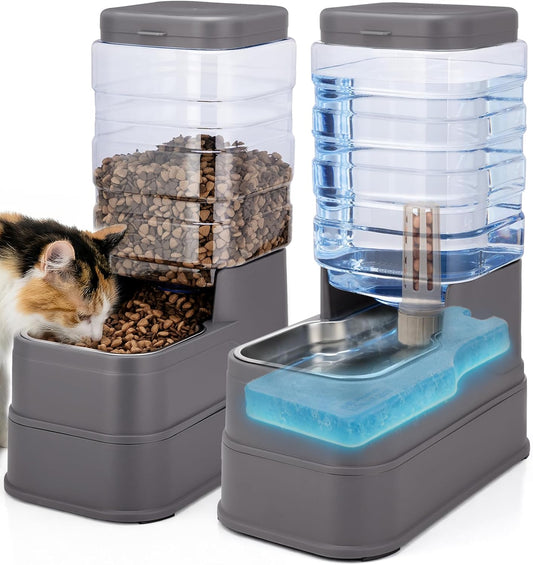 Pawzone automatic cat feeder and water dispenser set front view showing grey finish and stainless steel bowls.