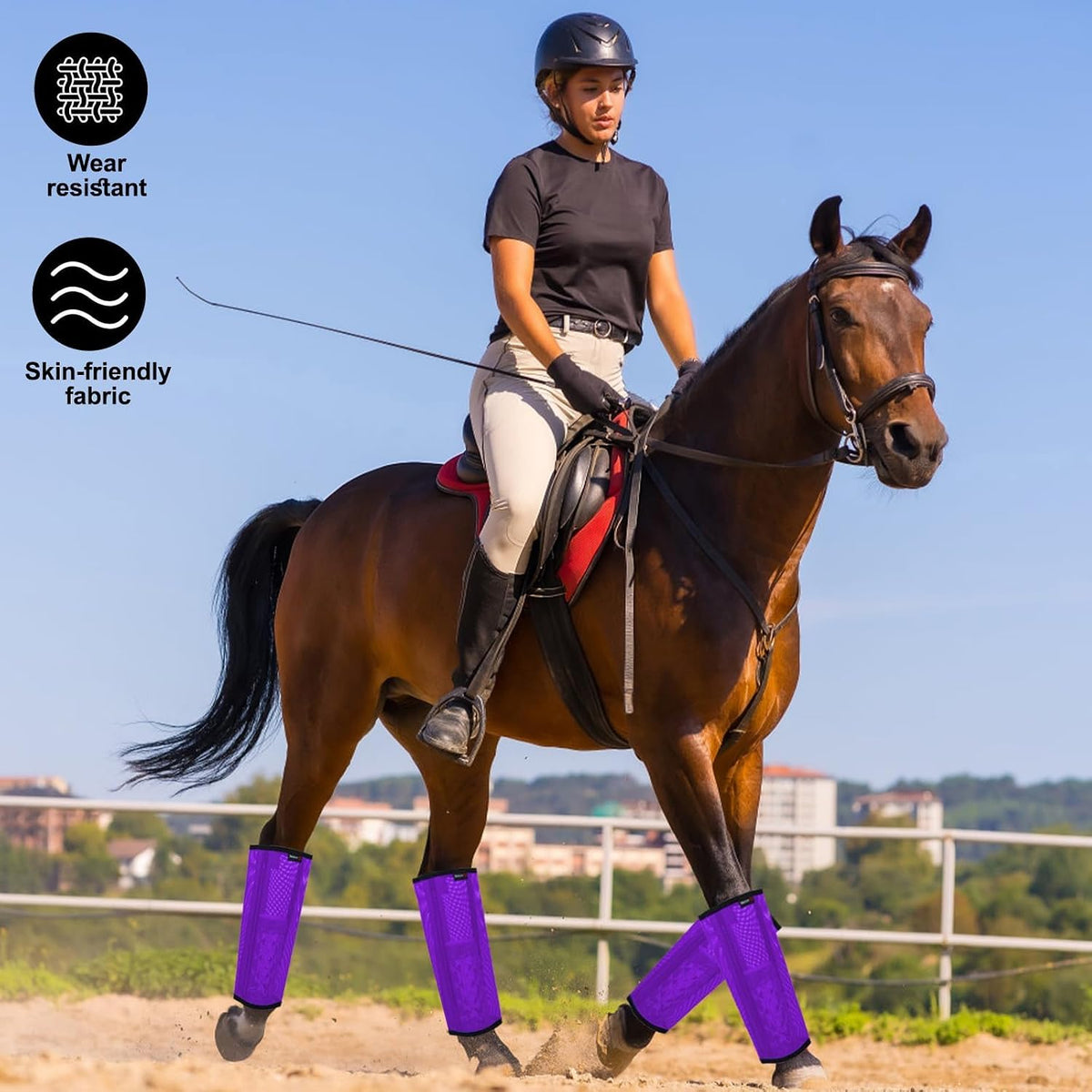 HUAME equestrian fly boots showing complete four leg coverage for turnout protection