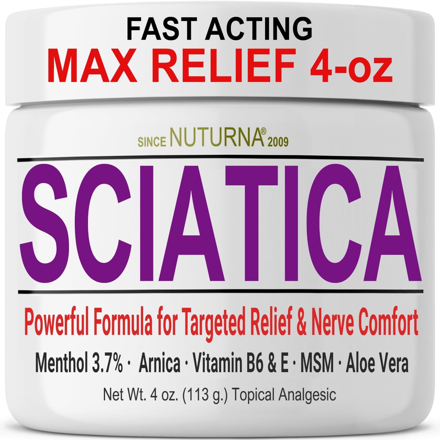 Nuturna Sciatica Nerve Relief Cream 4 Ounce jar front view
