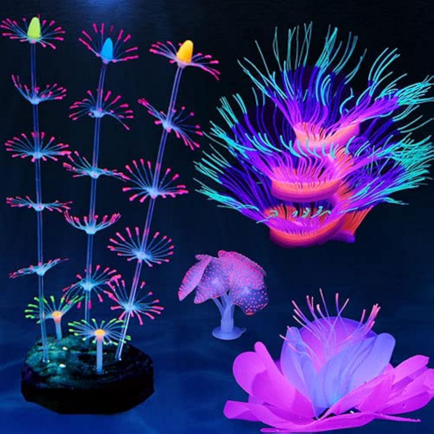HIKTQIW silicone glowing fish tank decorations front view in a blue light aquarium setup.