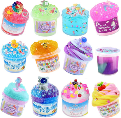 Vomkela Crunchy Slime Set 12 Pack front view showcasing colorful assorted jars with charms.