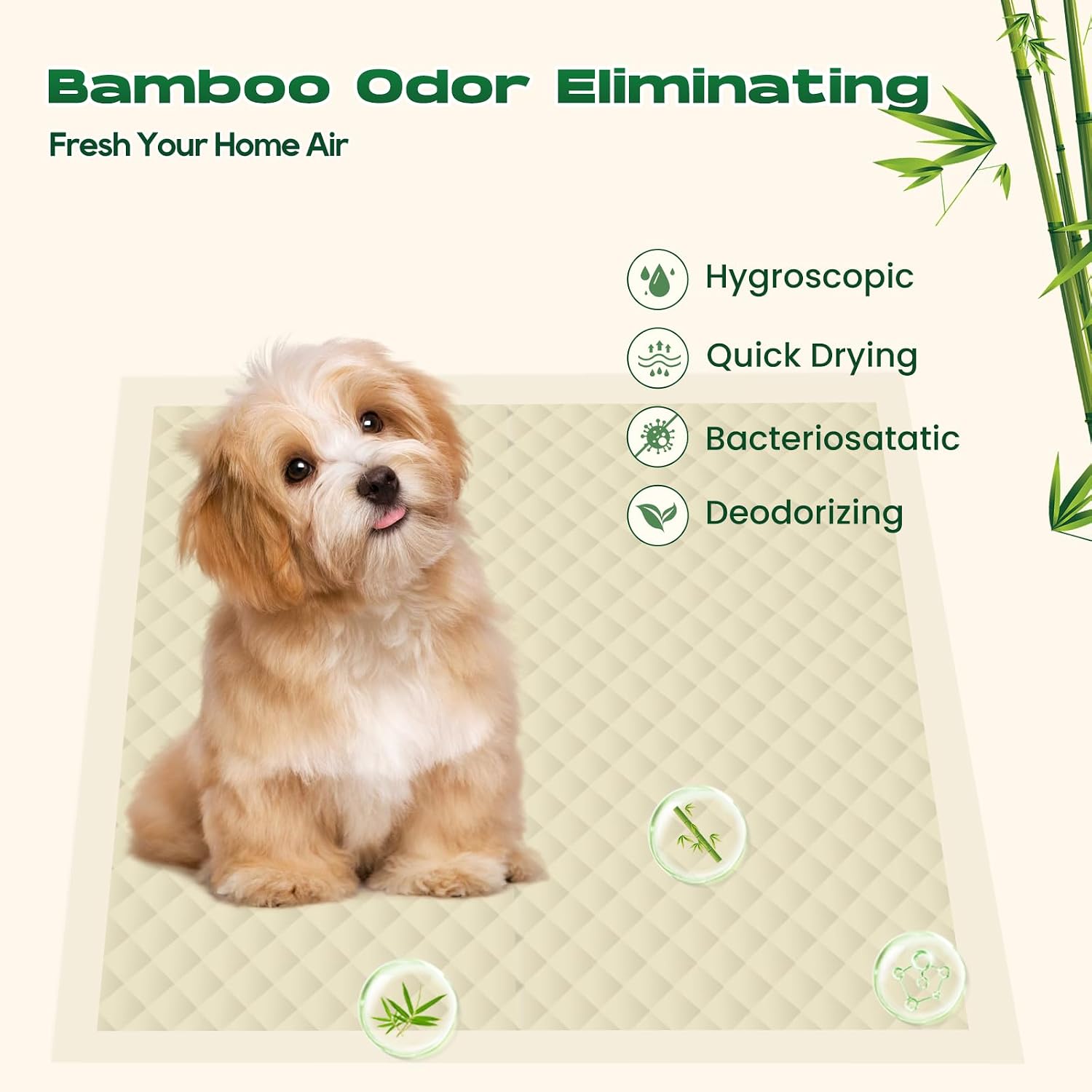 Eco friendly bamboo dog training pads 22x22 inches layout size demonstration.