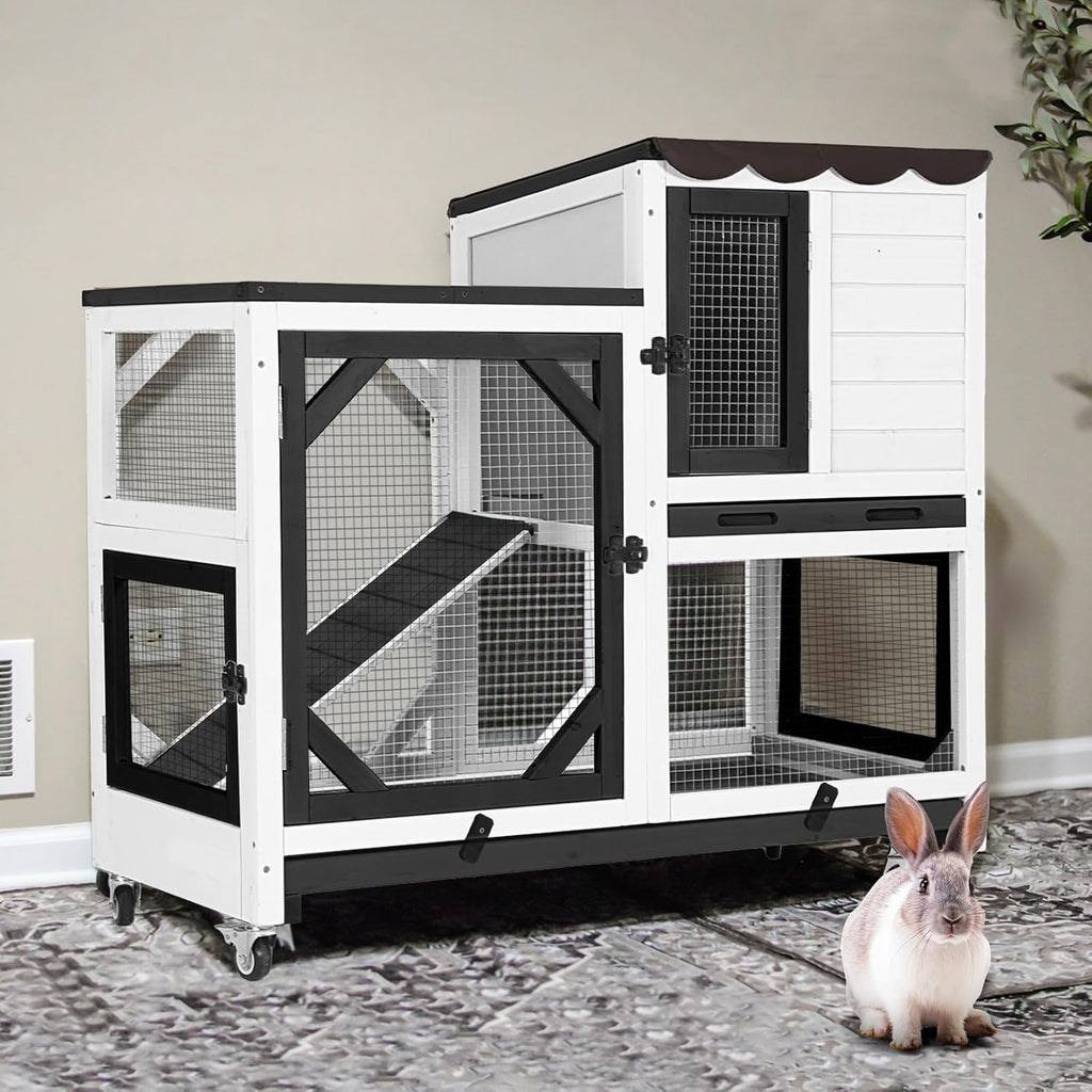 Gutinneen 2-Story Rabbit Hutch Bunny cage with Chew-Proof Ramp, Locking Leak-Proof Trays - Indoor/Outdoor 39.3" Wooden Rabbit Cage with Wheels for Rabbits, Guinea Pigs, Small Animal (Black and White) - Image 1