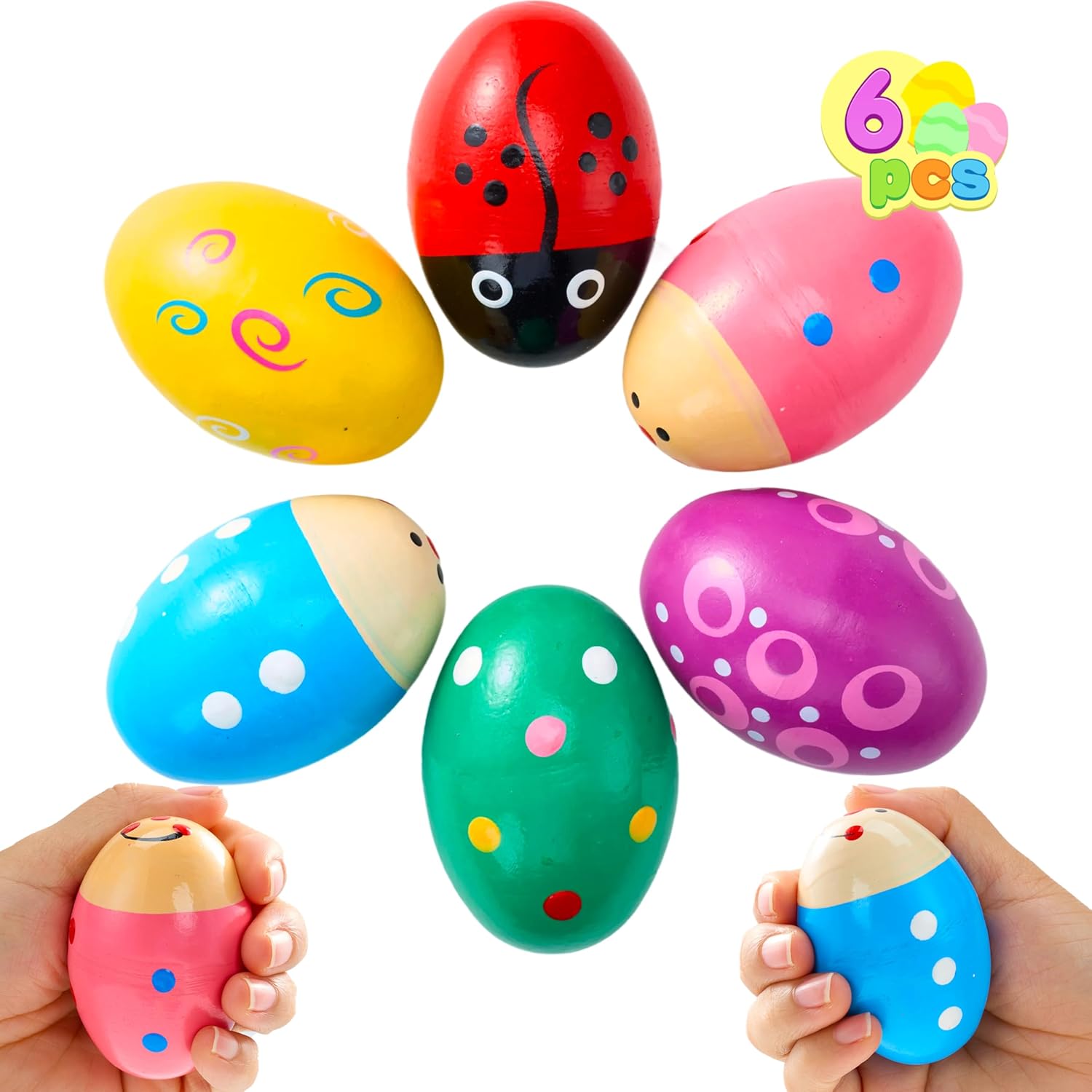 JOYIN 6 Pack Wooden Easter Egg Shakers front view displaying six multi colored patterned percussion maracas