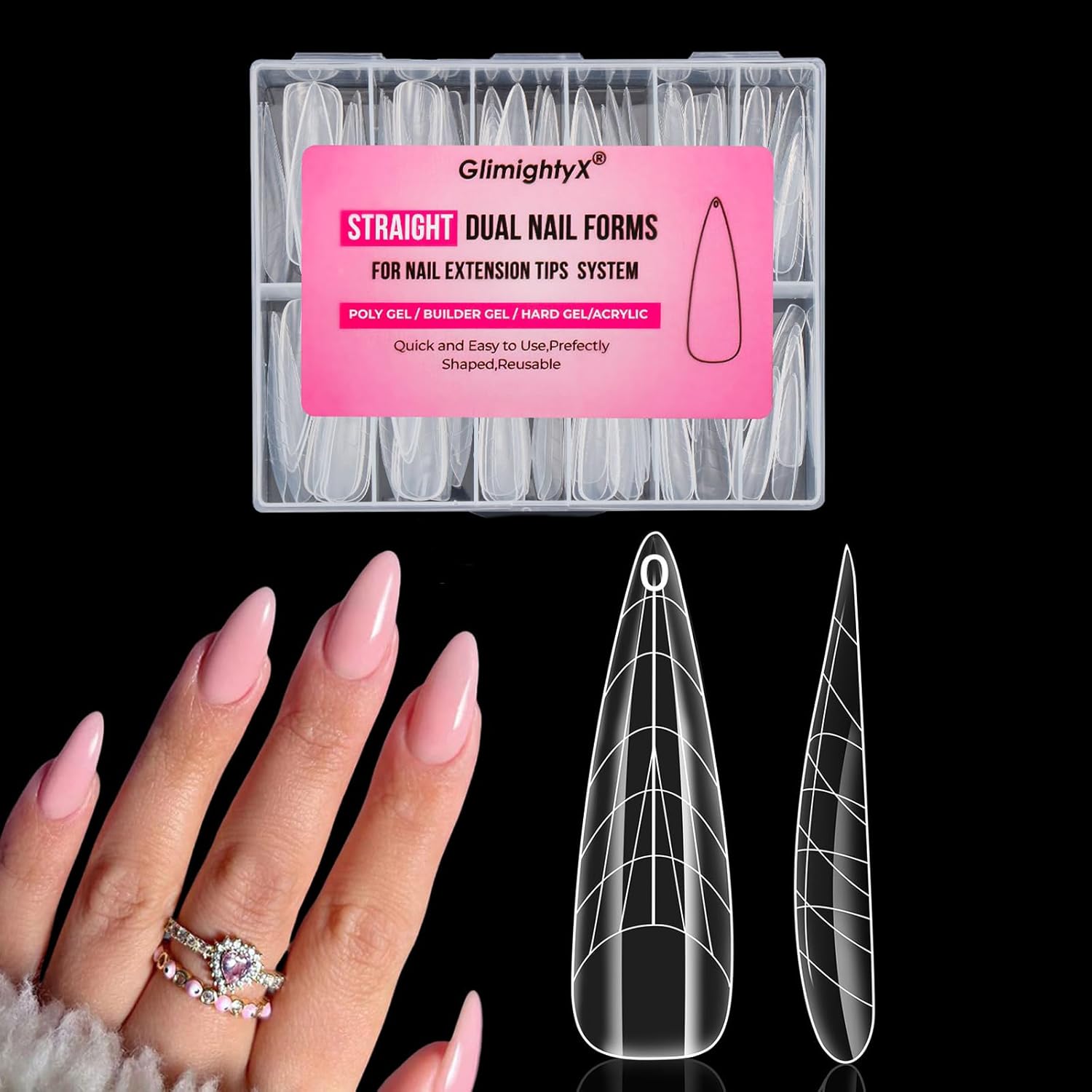 GlimightyX almond shape polygel nail forms front view