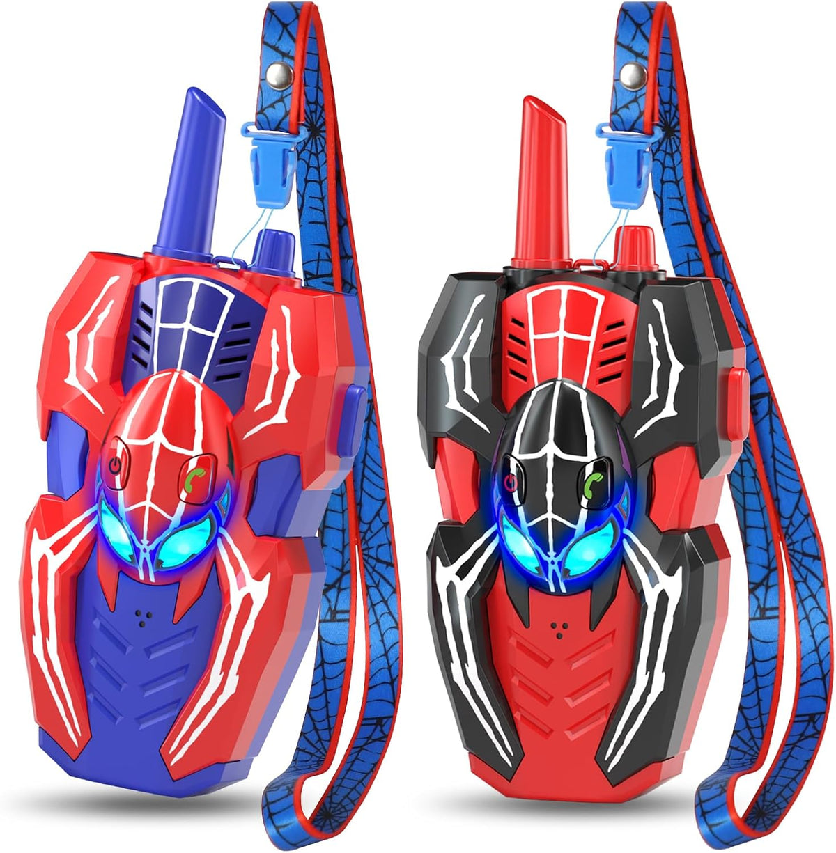 SOGAWEBB spider walkie talkies for kids front view showing red and blue superhero theme