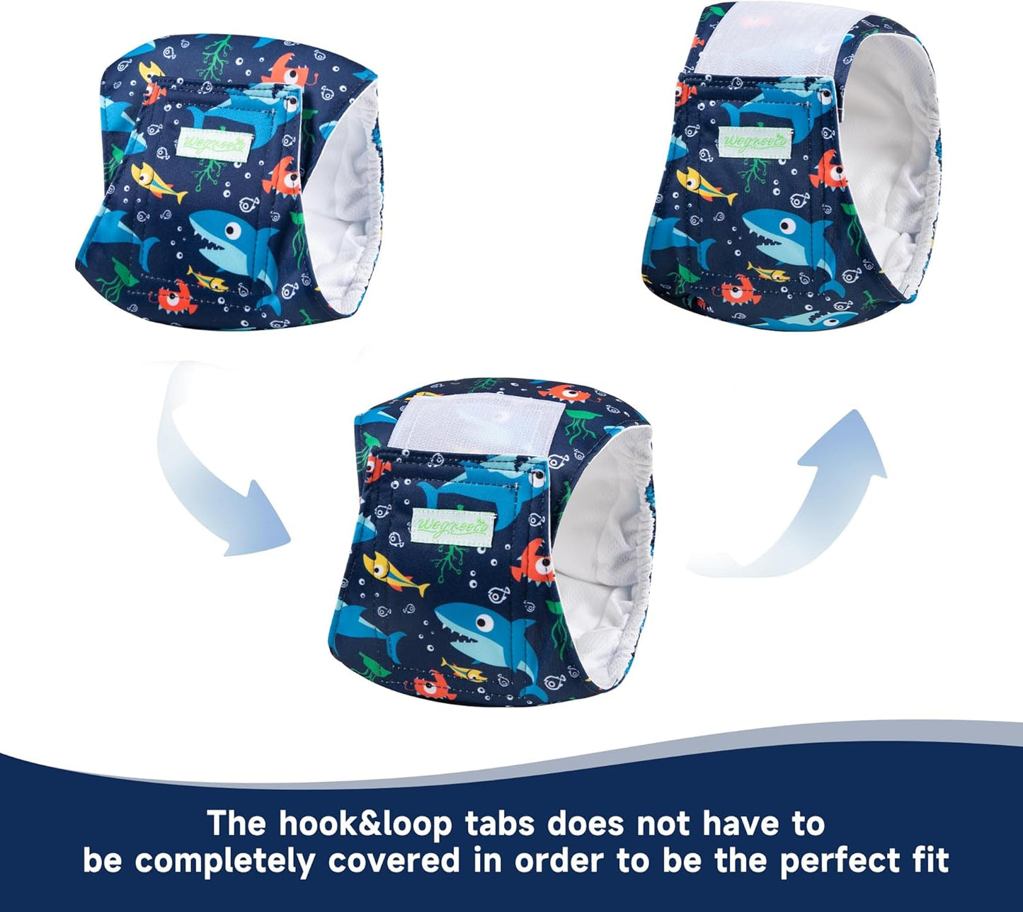 Wegreeco washable puppy diaper wraps displaying the wide adjustable hook and loop closure