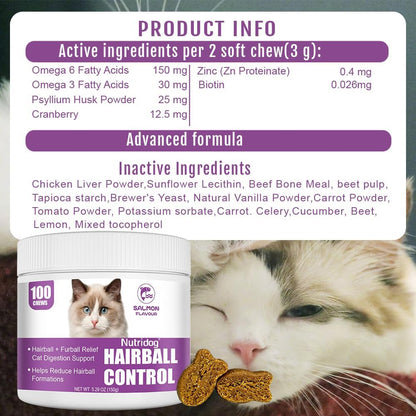 Hairball Treats for Cats - Hairball Remedy Chews with Omega 3&6, Psyllium Husk, Zinc & Biotin - Salmon Flavor for Hairball Control, Digestive Health & Skin Support, 100ct - Image 9