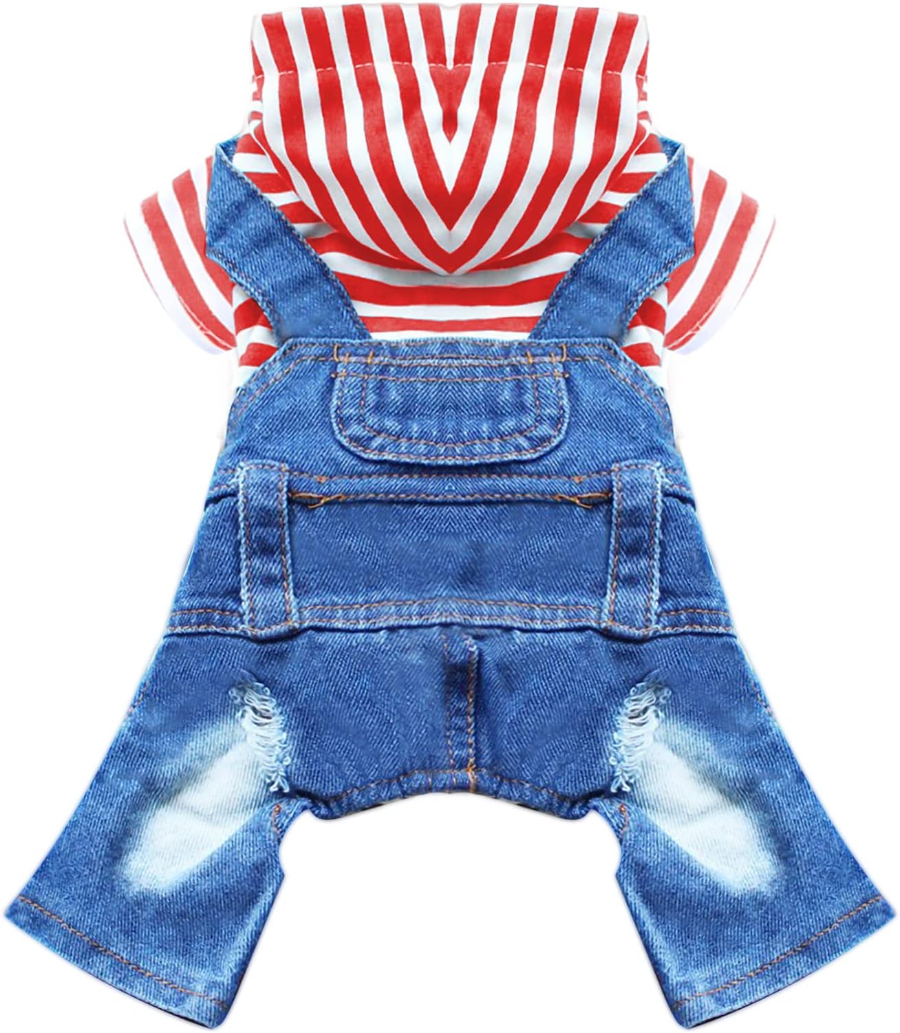Small Dog Hoodie Clothes Cute Stripe Shirts Denim Jumpsuit One-Piece Outfit for Small Medium Dogs Cats Boy Girl Chihuahua Blue Jeans Overalls Puppy Costume (Blue,M) - Image 9