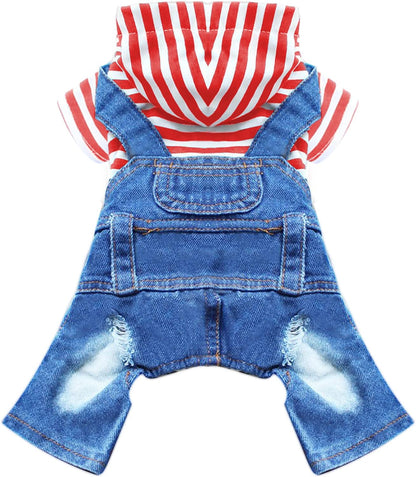 Small Dog Hoodie Clothes Cute Stripe Shirts Denim Jumpsuit One-Piece Outfit for Small Medium Dogs Cats Boy Girl Chihuahua Blue Jeans Overalls Puppy Costume (Blue,M) - Image 9