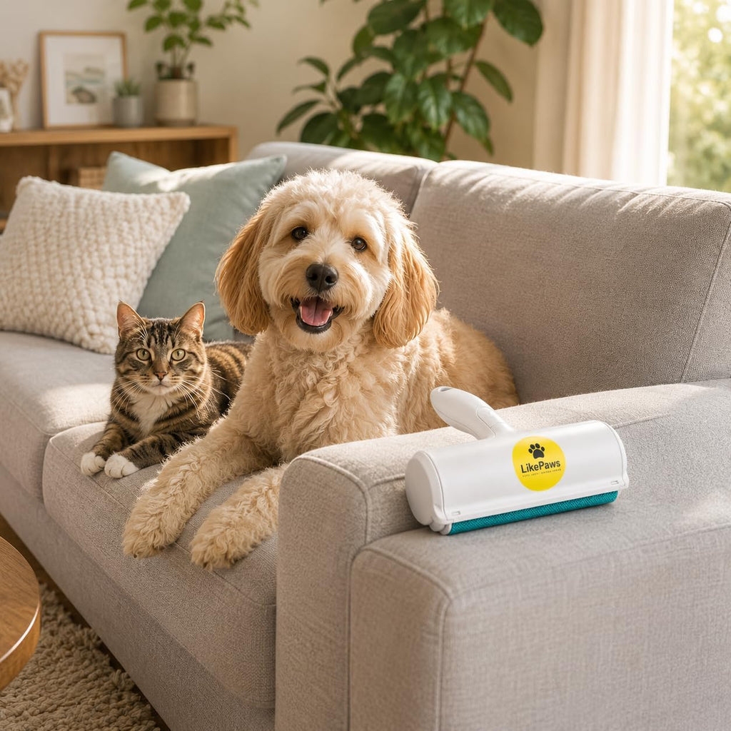 LikePaws hair remover cleaning cat fur from a sofa