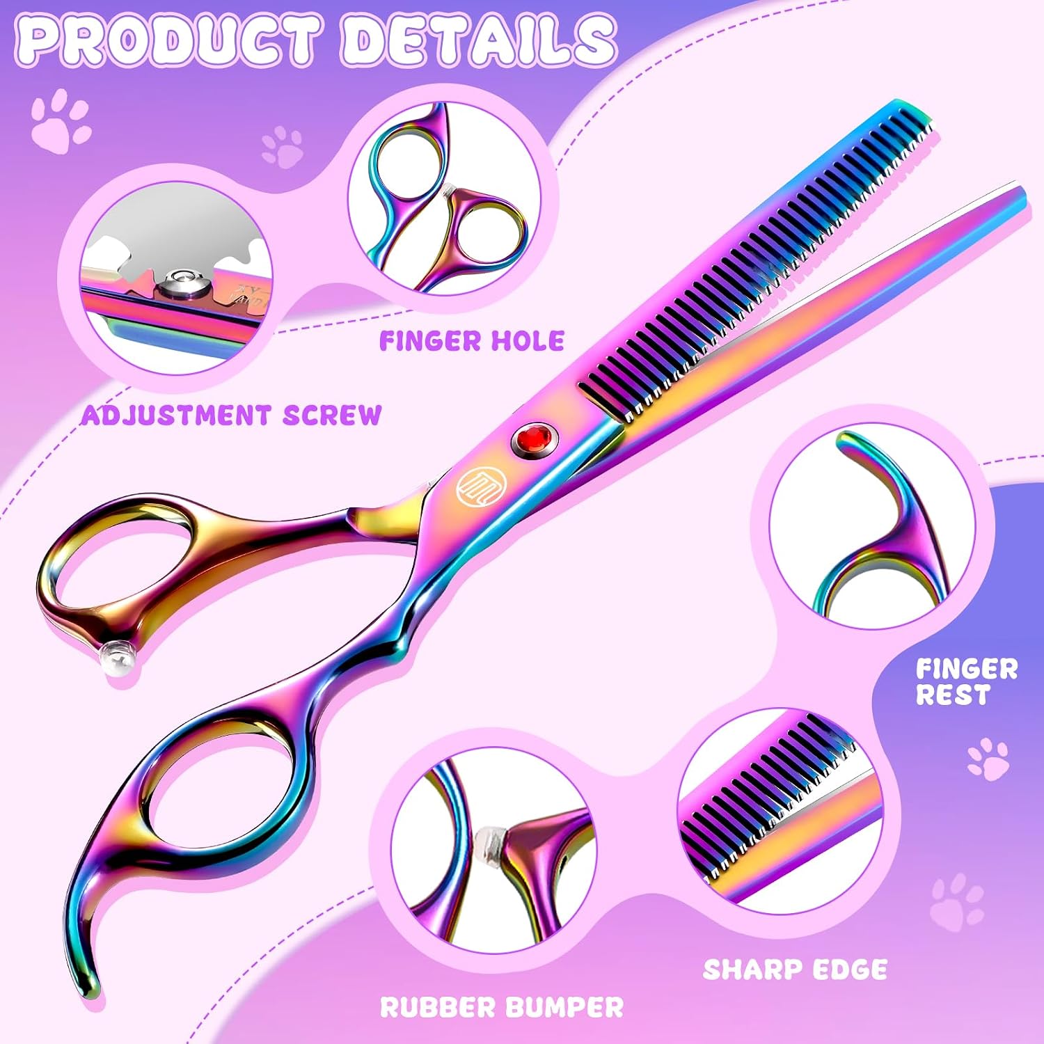 Moontay pet chunker shears close up highlighting the adjustable jewelled tension screw.