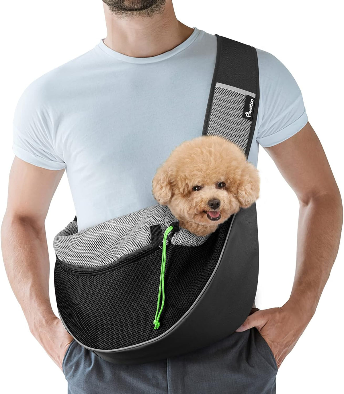 Pawaboo Pet Dog Sling Carrier, Hand Free Drawstring Dog Papoose with Adjustable Strap, Breathable Mesh Bag for Puppy Cat, Crossbody Satchel Dog Purse with Pocket for Outdoor, Dark Gray+Black, Medium - Image 14