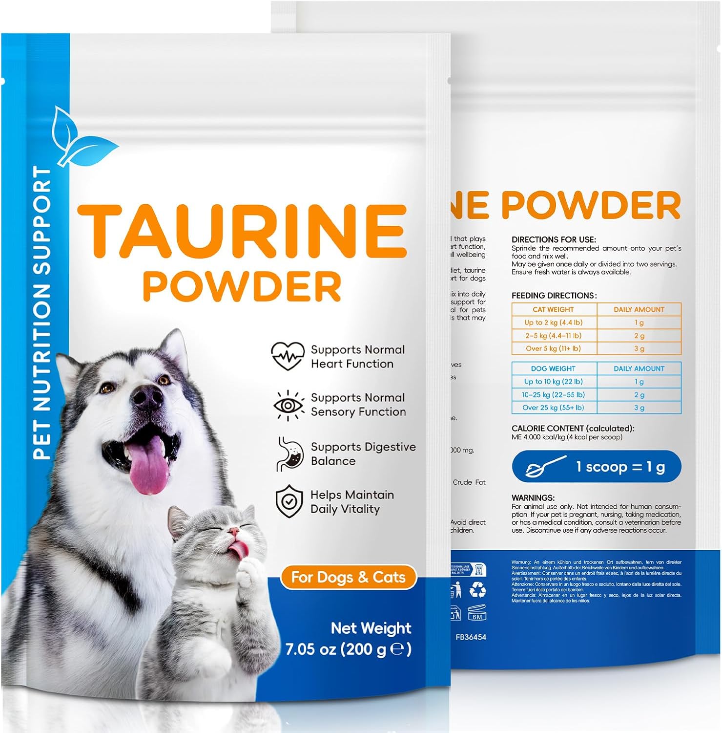 Wanfaer pet taurine supplement 200g pouch showing benefits