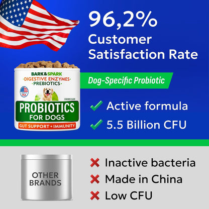 Graphic showing benefits of Bark and Spark probiotics for dogs