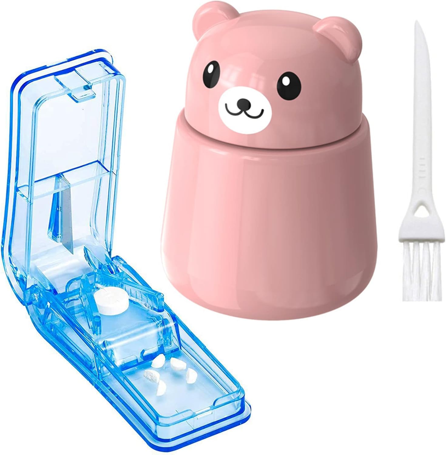 TreaHome 2 Pack Pill Crusher and Cutter pink medication kit front view.