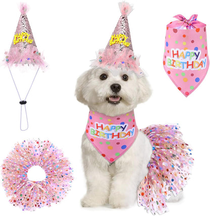 Dog Birthday Bandana with Hat and Dress Girl Set Puppy Birthday Party Supplies Cute Tutu Skirt Outfit for Small Medium Large Dogs Decorations(Purple) - Image 10