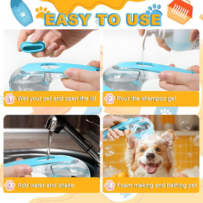 The three components of the blue dog shampoo brush set arranged neatly.