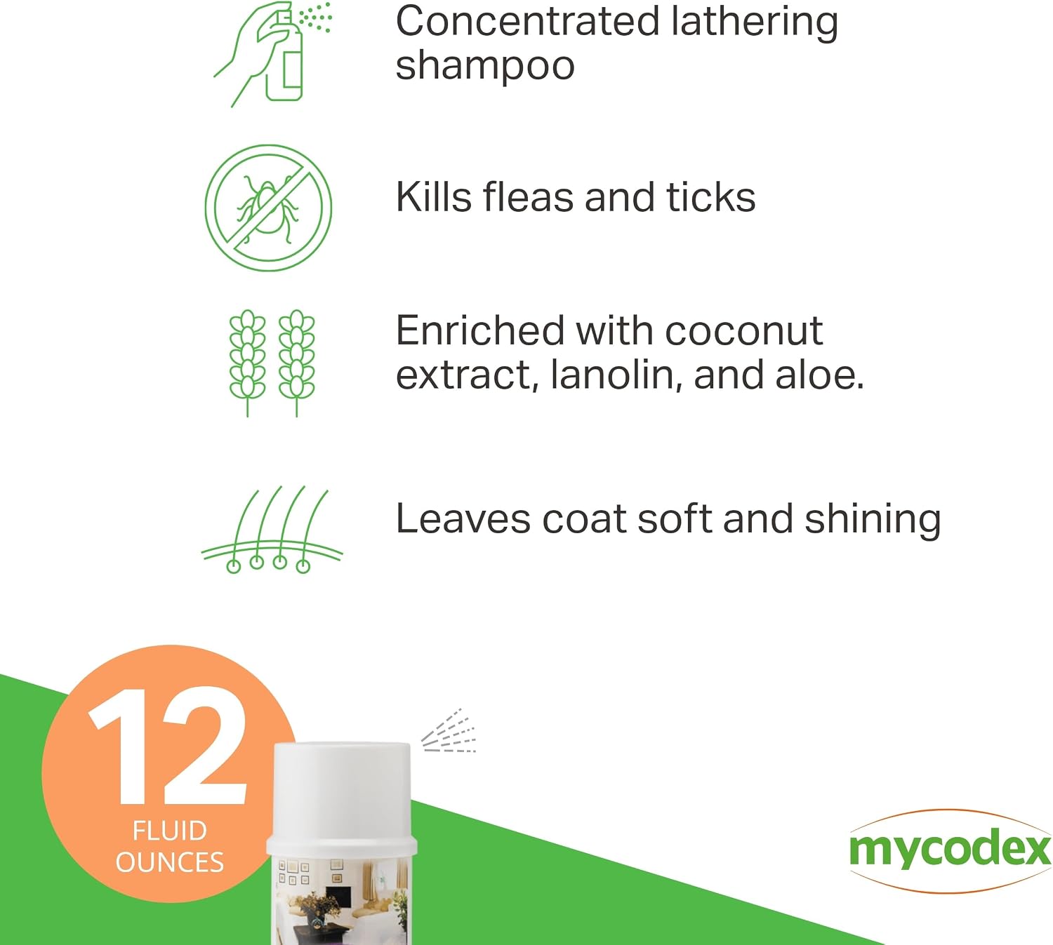 Back label of Mycodex P3 shampoo showing directions for killing fleas and ticks