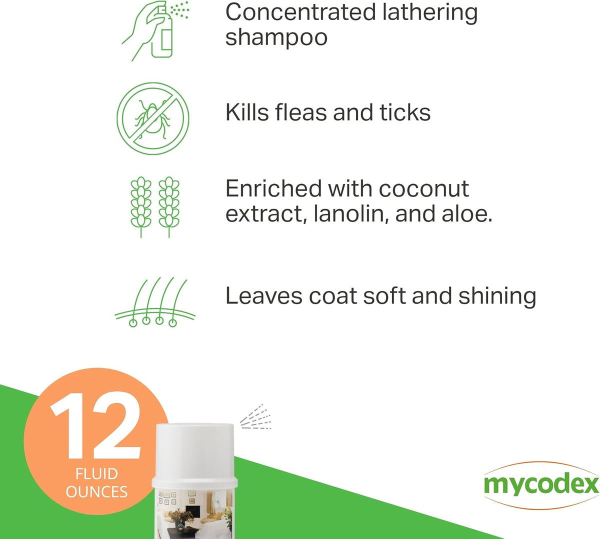 Back label of Mycodex P3 shampoo showing directions for killing fleas and ticks