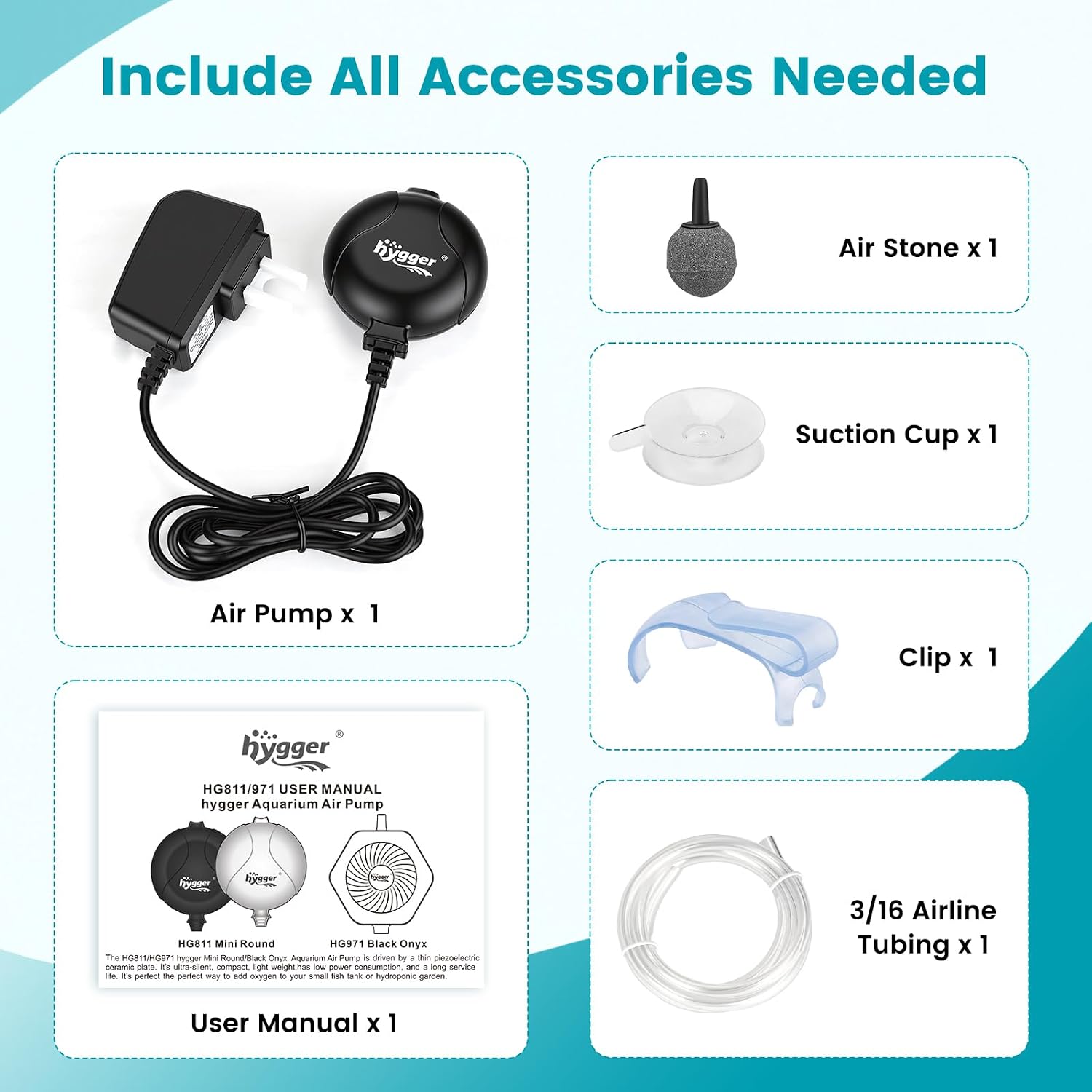 Hygger quiet air pump packaging and included accessories