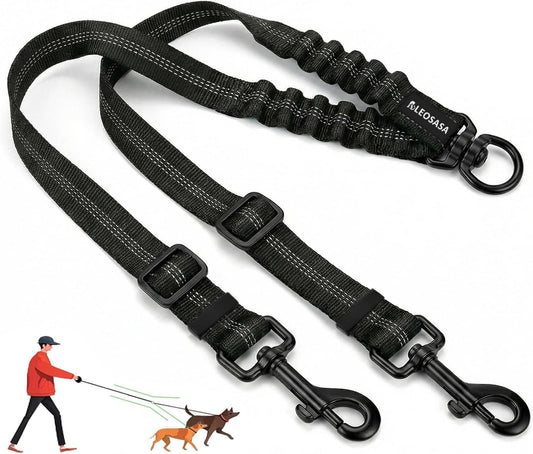 LEOSASA double dog leash front view showing the no tangle swivel connector and black nylon straps.