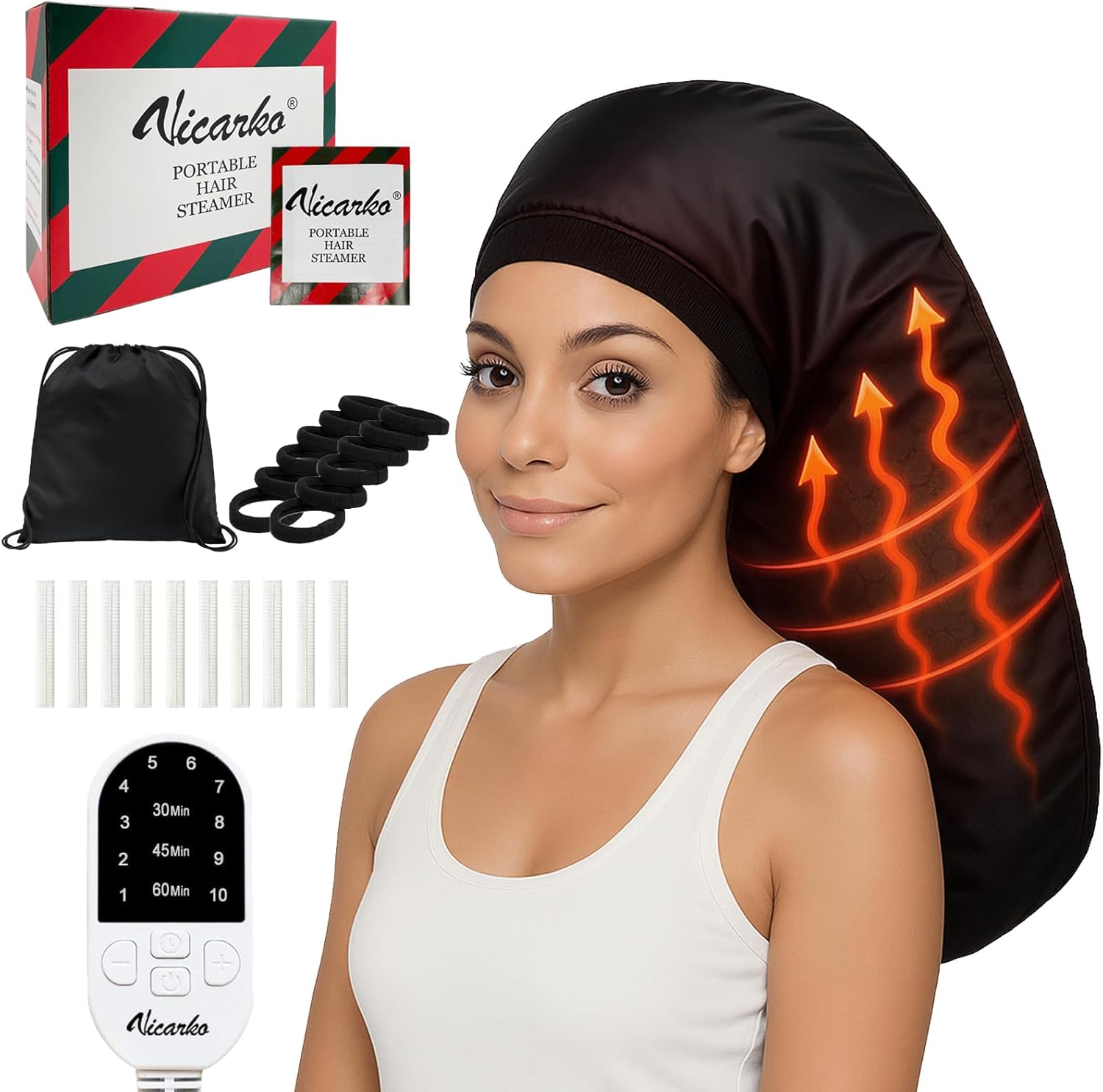 VICARKO electric hair steamer cap front view for home spa deep conditioning treatments.