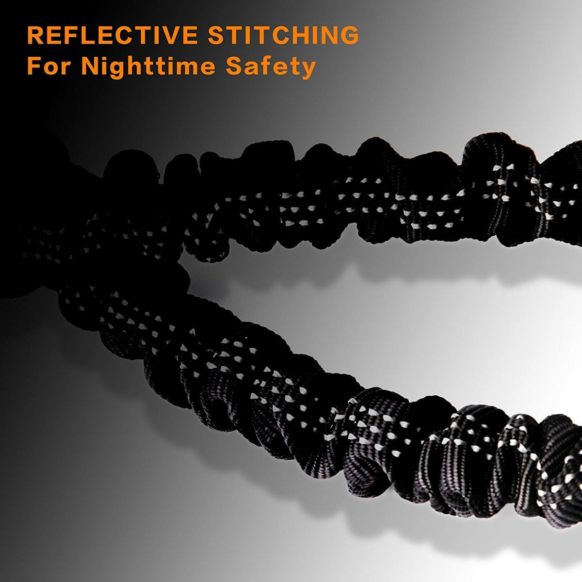Close up view of the heavy duty nylon material and reflective stitching
