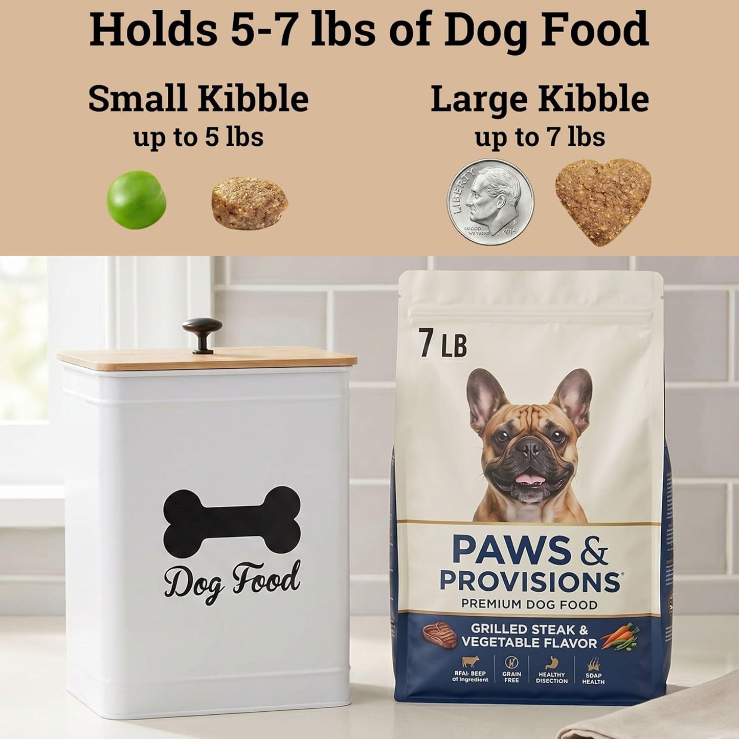 White metal kibble storage bin showing scale with dog food scoop