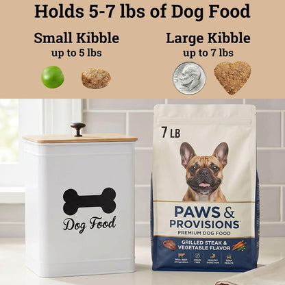 White metal kibble storage bin showing scale with dog food scoop