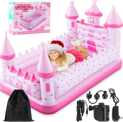Relaxgiant Pink Castle Inflatable Kids Bed front view showing the 3D castle design and safety bumpers.