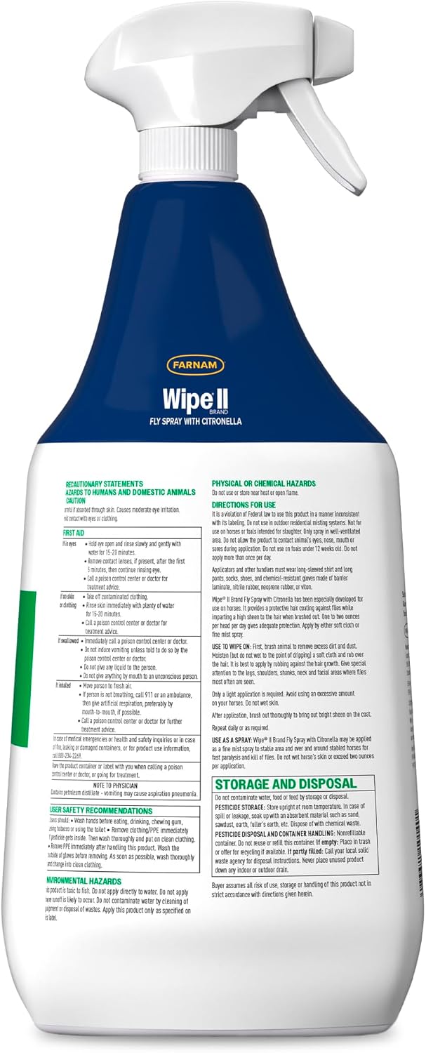Farnam Wipe II Brand Horse Fly Spray with Citronella, Kills and Repels Flies, Conditions Coats, 32 oz - Image 10