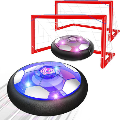 Ancesfun kids hover soccer ball set front view showing two glowing discs with goals