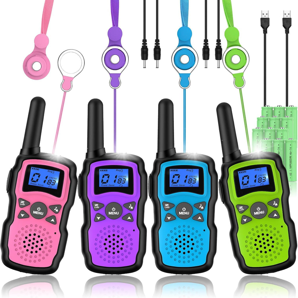 Wishouse Rechargeable Walkie Talkies front view of four pack set in multiple colors