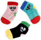 Andiker plush cat crinkle toys 3 count pack showing embroidered sock designs for interactive indoor play.