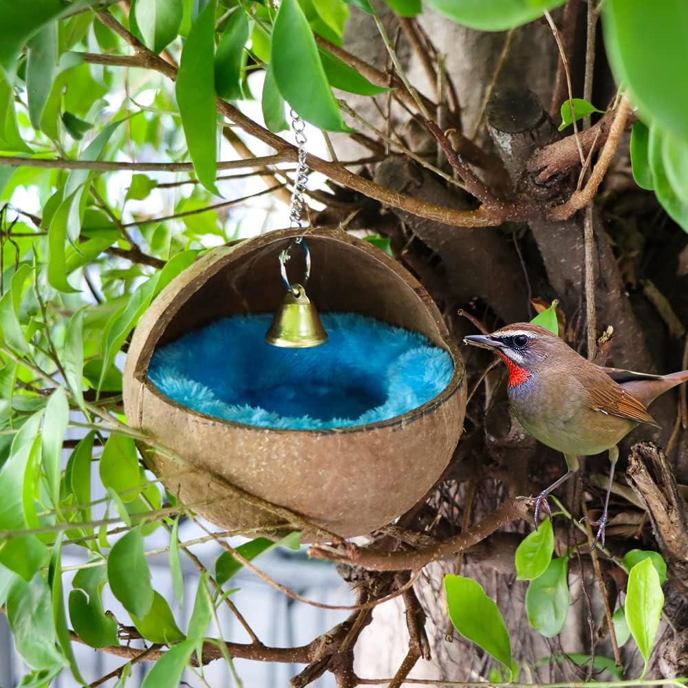 2 Pack Natural Coconut Shell Bird Nest with Pads for Small Parrots - Image 3