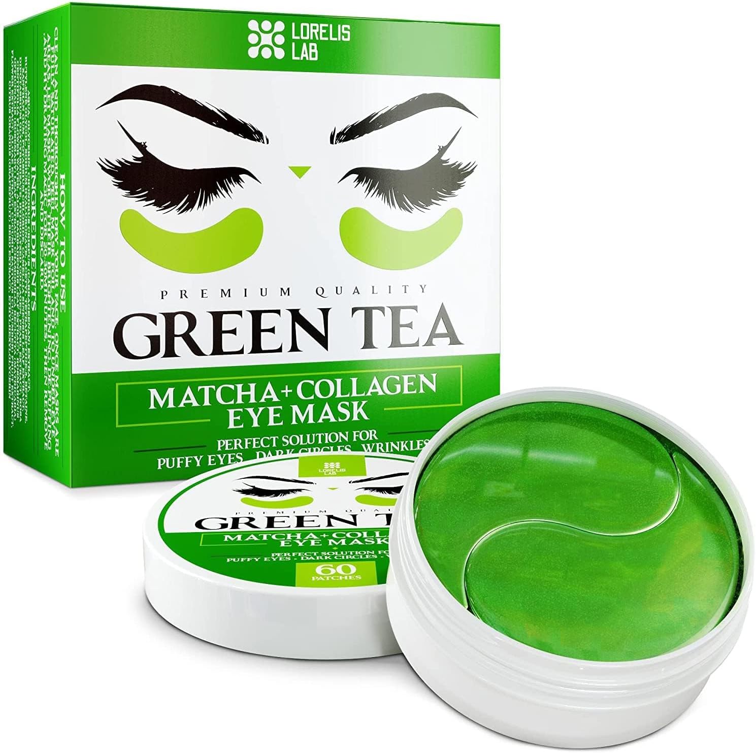 Lorelis Lab Green Tea Matcha Under Eye Patches box and tub front view
