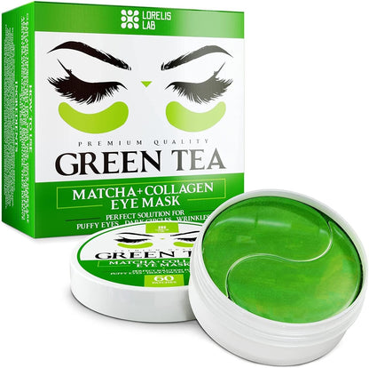 Lorelis Lab Green Tea Matcha Under Eye Patches box and tub front view