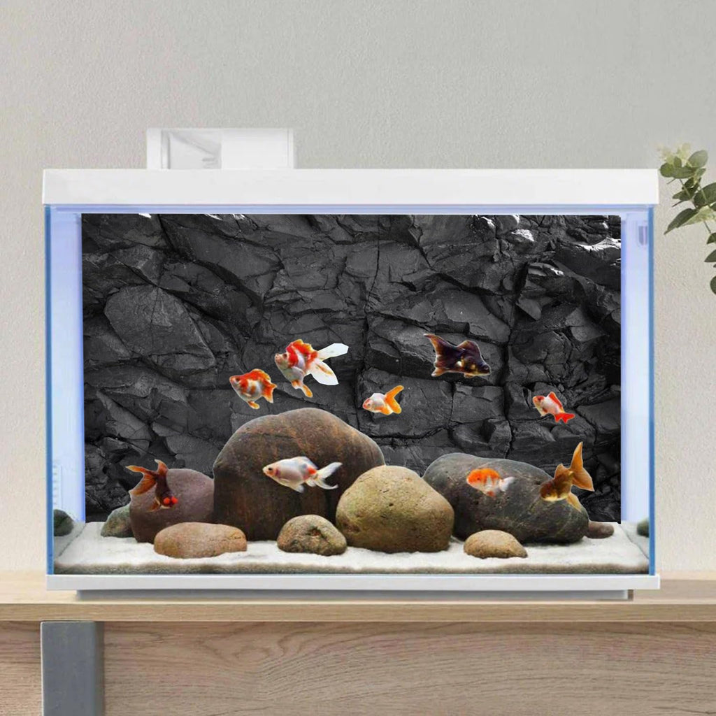 AWERT rocky terrarium background installed on an aquarium glass exterior
