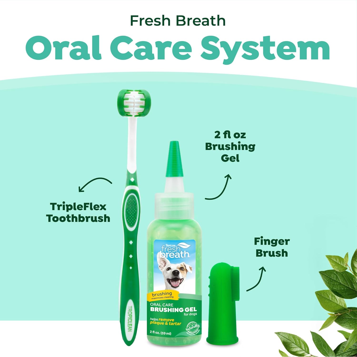 TropiClean puppy brushing gel bottle with mint flavor for plaque and tartar prevention.