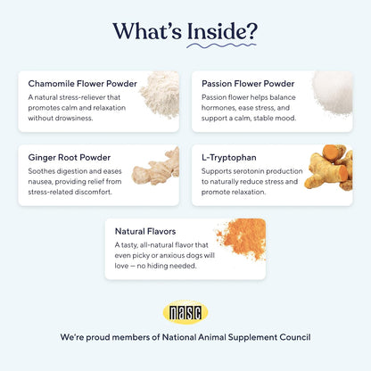 Back label of Pawfy dog calming treats with weight based feeding instructions