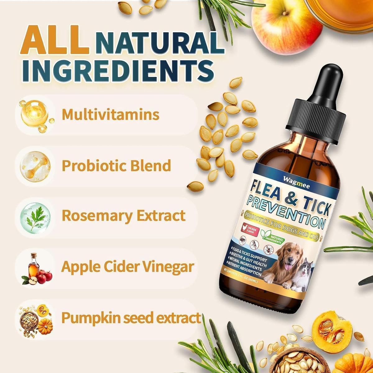 Natural oral flea and tick supplement liquid formula with dropper