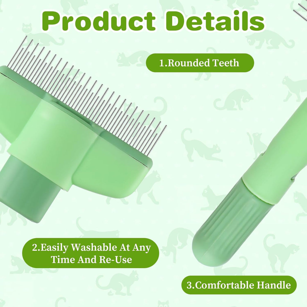Green double pin pet deshedding brush set for indoor cats and rabbits
